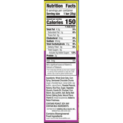 Thanh Ngũ Cốc Socola Đen Mix Trái Cây Và Hạt Nature Valley Chewy Granola Bar Dark Chocolate & Nuts, Hộp 6 Thanh x 35g