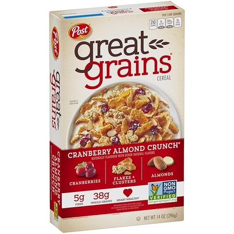 Ngũ Cốc Nam Việt Quất & Hạnh Nhân Post Great Grain Cereal With Cranberries, Flakes & Clusters, Almonds, Hộp 396g