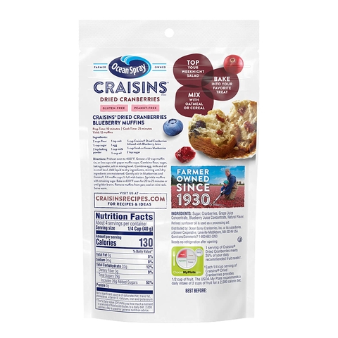 Việt Quất Sấy Khô Ocean Spray Craisins Dried Cranberry Infused With Blueberry Juice , Gói 170g (6 Oz.)