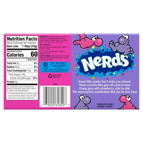 Kẹo Trái Cây Nho & Dâu Tây Nerds Grape & Strawberry Candy Theater Box, Hộp 141g (5 Oz.)