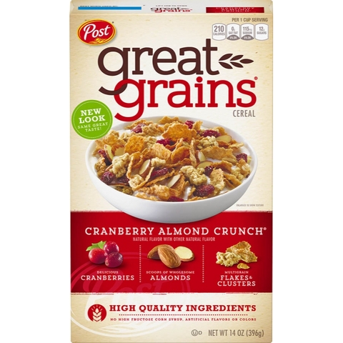Ngũ Cốc Nam Việt Quất & Hạnh Nhân Post Great Grain Cereal With Cranberries, Flakes & Clusters, Almonds, Hộp 396g