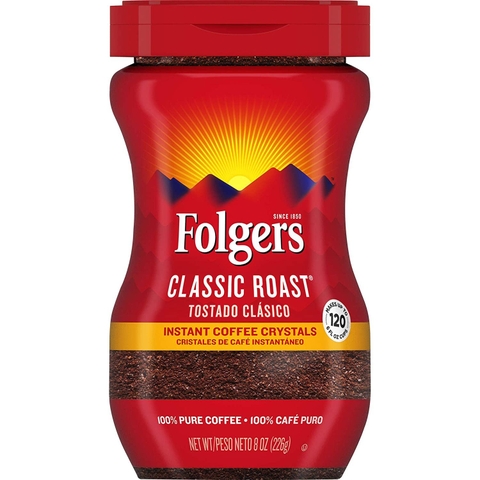 Cà Phê Đen Hòa Tan Uống Liền Folgers Classic Roast Instant Coffee Crystals, Hộp 226g (8 Oz.)