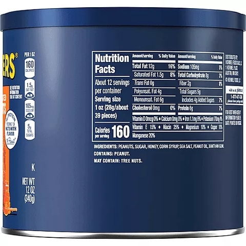 Đậu Phộng Rang Giòn Phủ Mật Ong Không Cholesterol PLANTERS Honey Roasted Peanuts, Hộp 340g (12 Oz.)