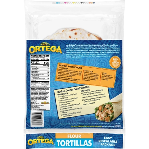 Vỏ Bánh Tortilla 8 inch Giảm 40% Muối Ortega 40% Less Sodium Tortillas, Gói 10 Vỏ (Gói 405g)