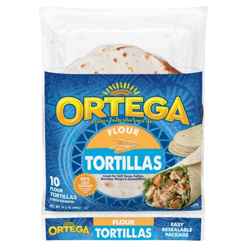 Vỏ Bánh Tortilla 8 inch Giảm 40% Muối Ortega 40% Less Sodium Tortillas, Gói 10 Vỏ (Gói 405g)