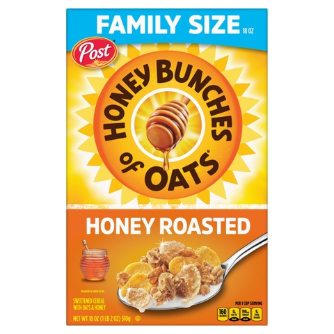 Ngũ Cốc Ăn Sáng Yến Mạch Mật Ong Post Honey Bunches of Oats Honey Roasted Breakfast Cereal, with Granola Clusters and Sliced Almonds, Family Size Cereal, Hộp 510g (1 Lb. 2 Oz.) 18 Oz.