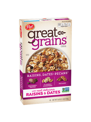 Ngũ Cốc Ăn Sáng Với Nho Khô, Chà Là & Hạt Hồ Đào Post Great Grains Raisins, Dates & Pecans Breakfast Cereal, Hộp 453g (1 Lb.) 16 Oz.