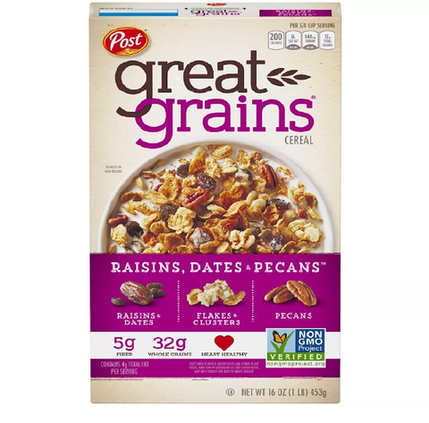 Ngũ Cốc Ăn Sáng Với Nho Khô, Chà Là & Hạt Hồ Đào Post Great Grains Raisins, Dates & Pecans Breakfast Cereal, Hộp 453g (1 Lb.) 16 Oz.