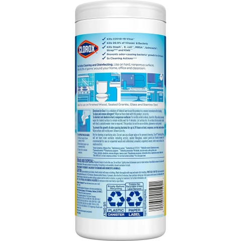 Khăn Lau Khử Khuẩn Clorox Disinfecting Wipes Crisp Lemon, Hộp 35 Miếng 17.78 x 20.32 cm (7