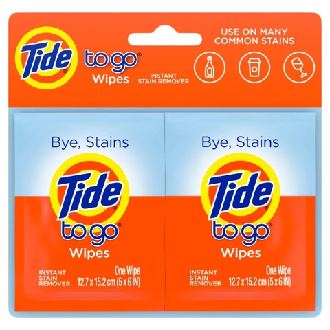 Khăn Tẩy Nhanh Vết Bẩn Thức Ăn, Thức Uống Trên Áo Tide To Go Wipes, Vỉ 2 Gói (Mỗi Gói 1 Tờ 12.7 x 15.2 cm)