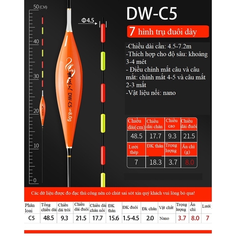 Phao Câu Đài Săn Hàng DW tăm phao lớn, siêu nhạy, chống lóa mắt, mỏi mắt cao cấp PC12