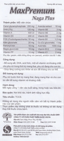 Viên uống MaxPremum Naga Plus Vesta tăng sức khỏe, đề kháng cho thai phụ (30 viên)