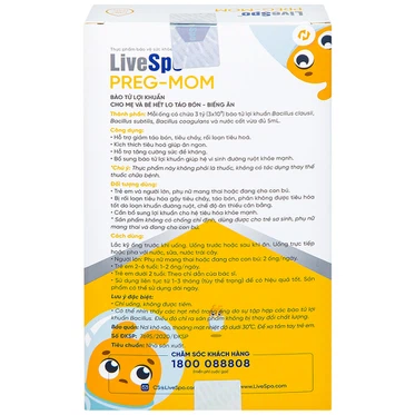 Bào tử lợi khuẩn cho mẹ và bé LiveSpo Preg-Mom hết lo táo bón - biếng ăn (20 ống x 5ml)
