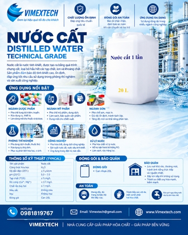 Nước cất 1 lần - VN - 20L - Tính chất lý hóa và ứng dụng của nó trong phòng thí nghiệm và công nghiệp