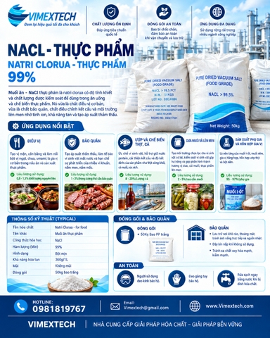 Natri clorua - Thực phẩm - TQ - 50kg - Tính chất lý hóa và ứng dụng trong thực phẩm