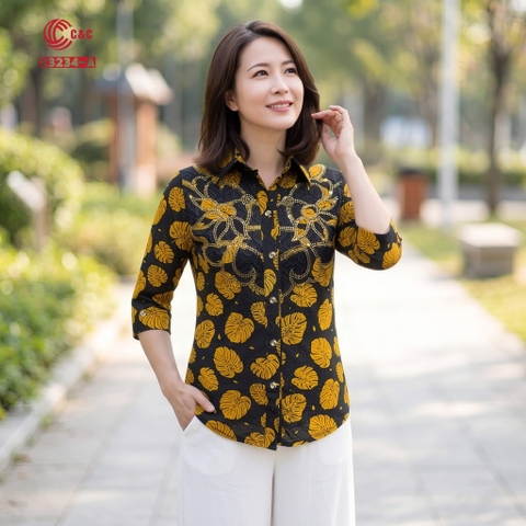 23234 - Sơ Mi Tay Lỡ In Họa Tiết Lá Monstera Phối Ren Đá Pha Lê 