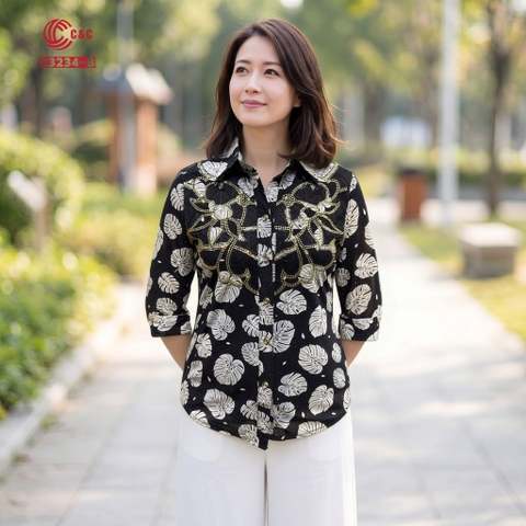 23234 - Sơ Mi Tay Lỡ In Họa Tiết Lá Monstera Phối Ren Đá Pha Lê 