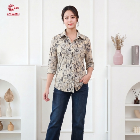 24173 - Áo Sơ Mi Thun Lưới Họa Tiết Retro Vintage