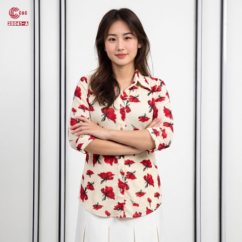 25041 - Áo Sơ Mi Tay Lỡ Hoa Nghệ Thuật Nền Lưới Dập Gân