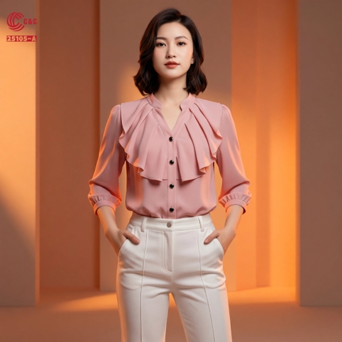 25105 - Áo Sơ Mi Lụa Cổ Trụ Chữ V Bèo Nhún Phối 5 Nút Kiểu