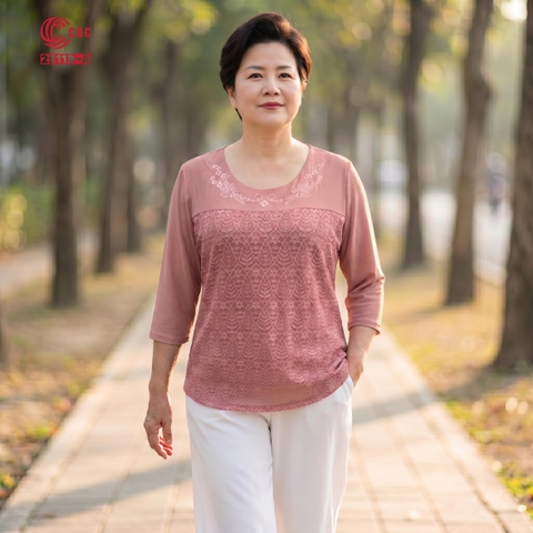 25113 - Cổ Tròn Thêu Hoa Lá Cách Điệu Tinh Xảo