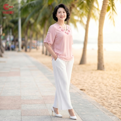 25114 - Áo Kiểu Hoa Thêu Cổ Chữ V Đan Dây Cách Điệu