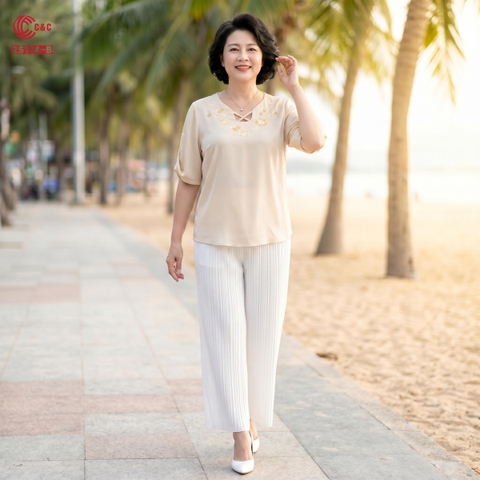 25114 - Áo Kiểu Hoa Thêu Cổ Chữ V Đan Dây Cách Điệu