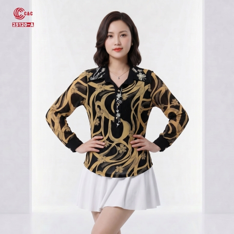 25120 - Áo Sơ Mi Thun Tay Dài Cổ Thêu Hoa Cánh Bướm