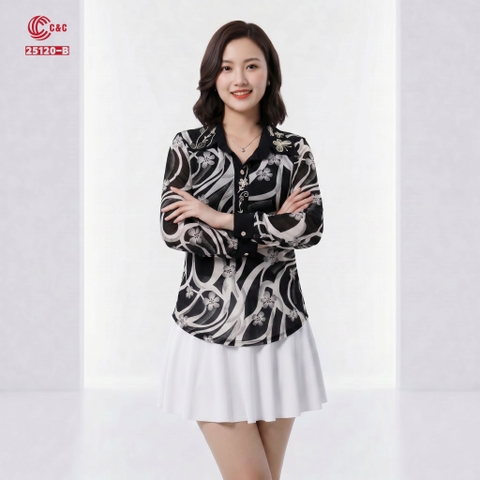 25120 - Áo Sơ Mi Thun Tay Dài Cổ Thêu Hoa Cánh Bướm