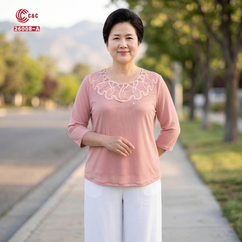 26008 - Áo Cổ Tròn Thêu Gợn Sóng Đính Đá Thủy Tinh