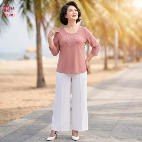 26015 - Áo Lưới Dẻo Thêu Hoa Văn Cổ Đính Đá Thủy Tinh