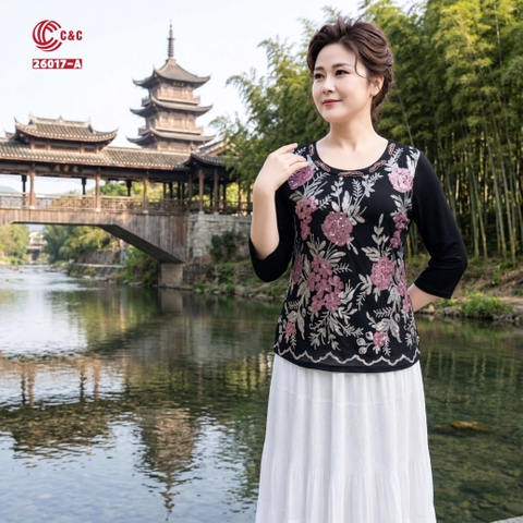 26017 - Áo Kiểu Tay Lỡ Thêu Hoa Kim Sa Đính Đá Pha Lê Sang Trọng