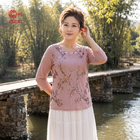 26018 - Áo Tay Lỡ Thêu Hoa Lá Kim Sa Đính Đá Pha Lê