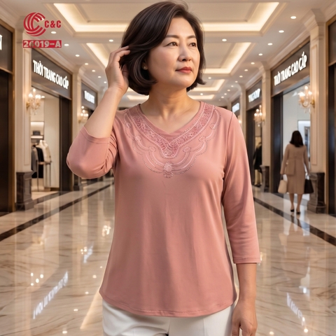 26019 - Áo Tay Lỡ Cổ Tim Phối Ren Thêu Đá