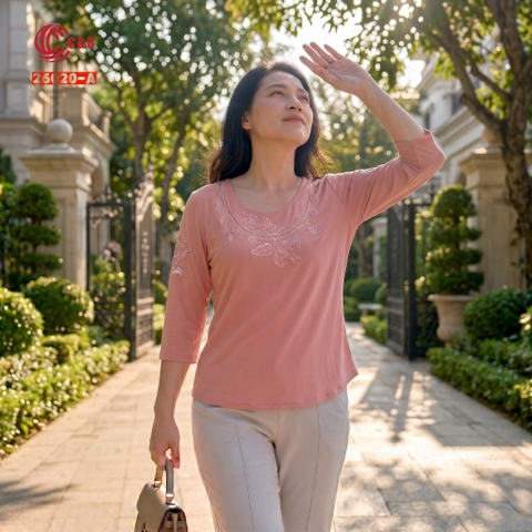 26020 - Áo Cổ Tròn Tay Lỡ Thêu Hoa Lá Đính Đá Thủy Tinh