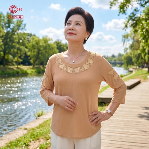26029 - Áo Tay Lỡ Thêu Lá Viền Cổ Phối Hoa Năm Cánh Đính Đá