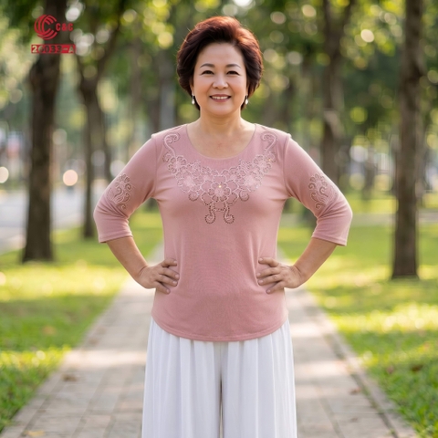 26033 - Cổ Tròn Thêu Nổi Đóa Hoa Cách Điệu Phối Đính Đá Thủy Tinh
