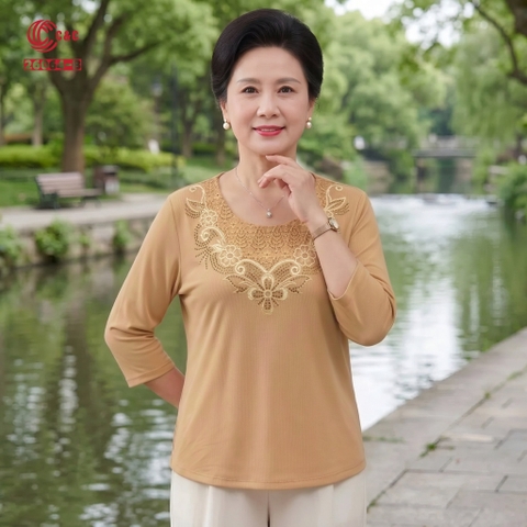 26064 - Áo Tay Lỡ Cổ Tròn Ren Lưới Thêu Hoa Ép Đá