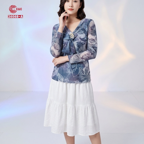 26068 - Áo Tay Dài Cổ V Cách Điệu Thắt Nơ Đính Khoen Cao Cấp