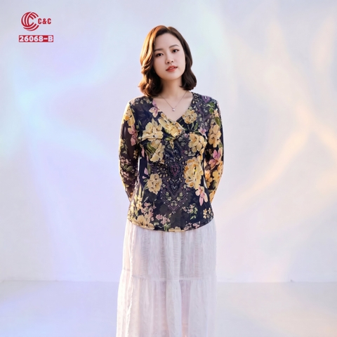 26068 - Áo Tay Dài Cổ V Cách Điệu Thắt Nơ Đính Khoen Cao Cấp