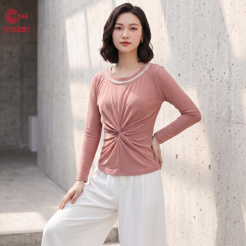 26071 - Áo Cổ Tròn Tay Dài Đính Cườm Xoắn Xếp Ly Tôn Dáng