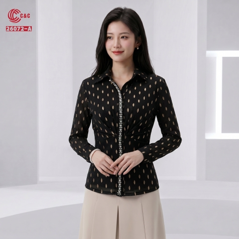 26072 - Áo Sơ Mi Draping Họa Tiết Kim Tuyến Cườm Ngọc Trai