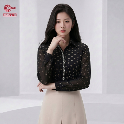 26072 - Áo Sơ Mi Draping Họa Tiết Kim Tuyến Cườm Ngọc Trai