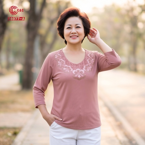 26077 - Cổ Tròn Phối Ren Thêu Hoa Đính Đá Viền Cổ