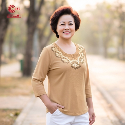 26077 - Cổ Tròn Phối Ren Thêu Hoa Đính Đá Viền Cổ