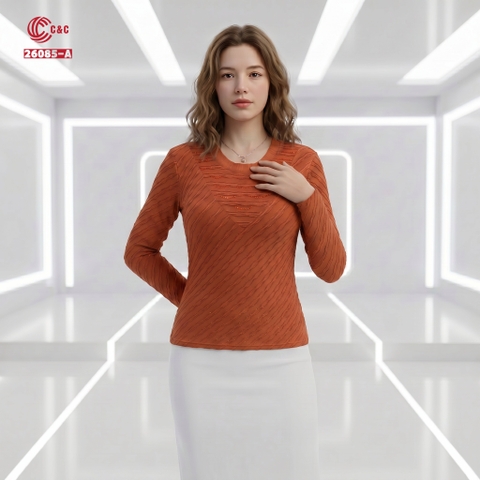 26085 - Áo Thun Gân Sóng Phối Hai Mặt Đính Đá Thanh Lịch