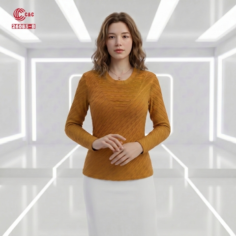 26085 - Áo Thun Gân Sóng Phối Hai Mặt Đính Đá Thanh Lịch