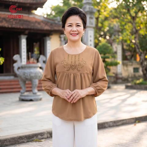 26095 - Áo Tằm Ý Thêu Họa Tiết Ngân Hoa