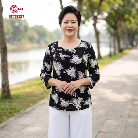 26107 - Áo Tay Lỡ Cổ Thuyền Thuê Hoa Nổi 3D Họa Tiết Lá Phong