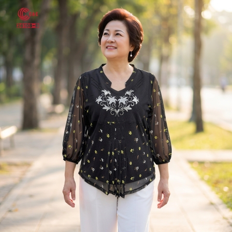 26108 - Áo Tay Lỡ Cổ V Thêu Hoa Ép Đá Thanh Nhã Tôn Dáng